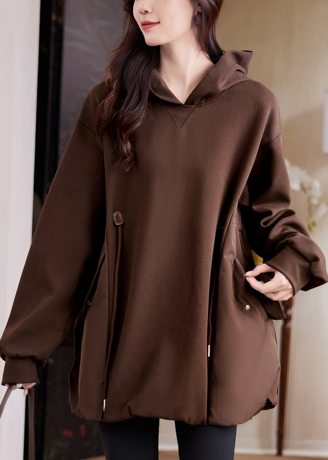 Casual Coffee Hooded Pockets Drawstring Cotton Sweatshirt Fall