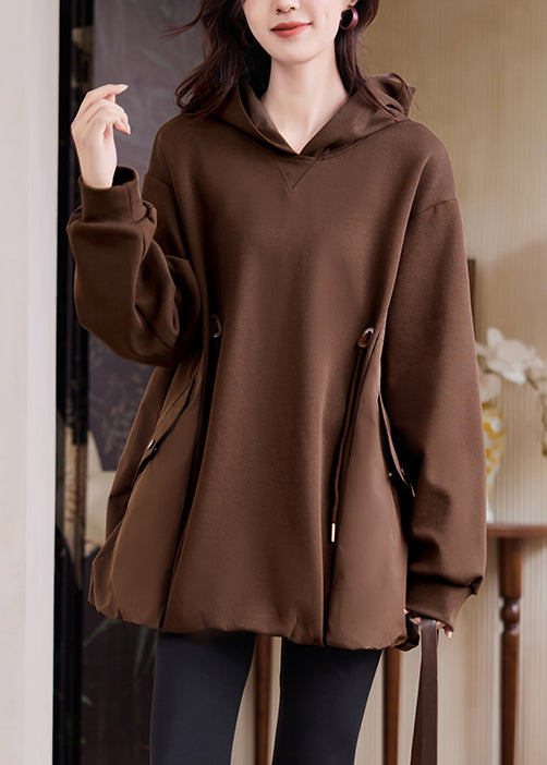 Casual Coffee Hooded Pockets Drawstring Cotton Sweatshirt Fall