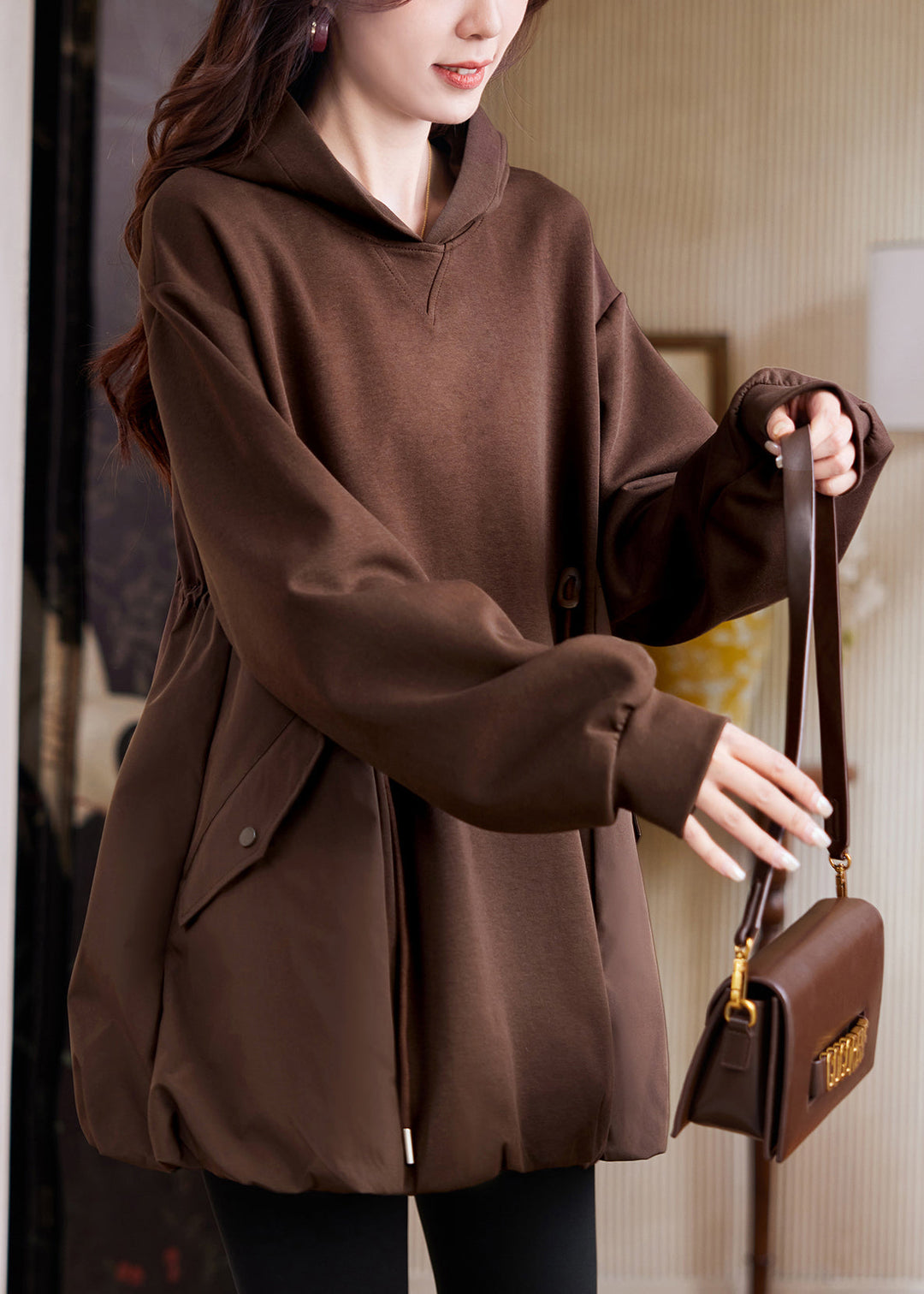 Casual Coffee Hooded Pockets Drawstring Cotton Sweatshirt Fall
