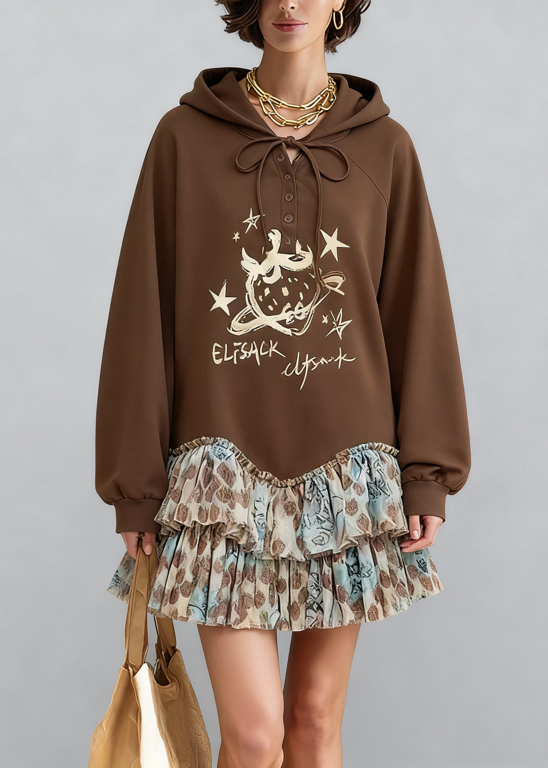 Casual Coffee Hooded Print Tulle Patchwork Sweatshirt Dresses Spring