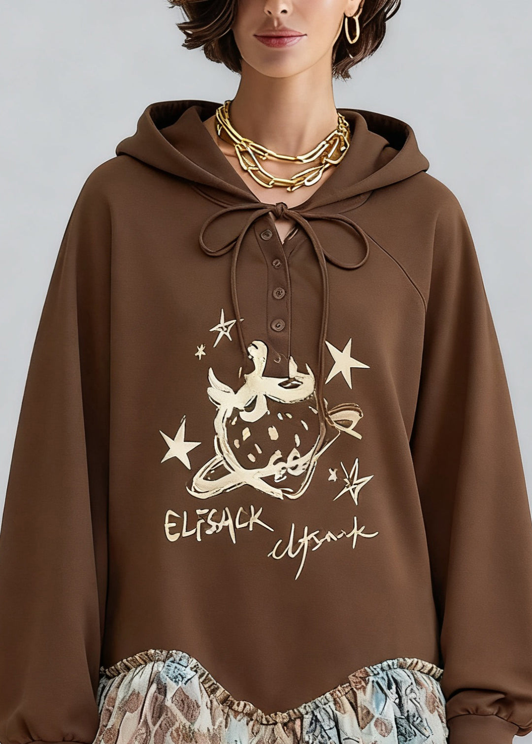 Casual Coffee Hooded Print Tulle Patchwork Sweatshirt Dresses Spring