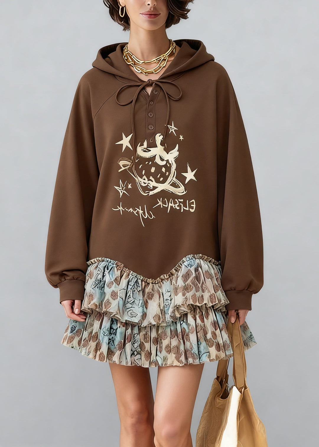 Casual Coffee Hooded Print Tulle Patchwork Sweatshirt Dresses Spring