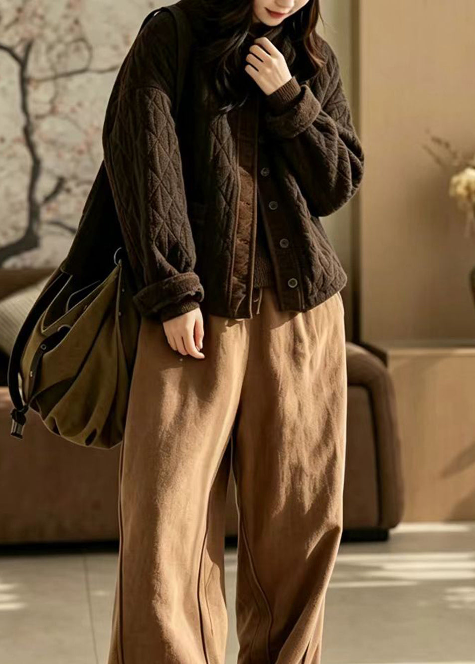 Casual Coffee O-Neck Cotton Filled Jackets Winter
