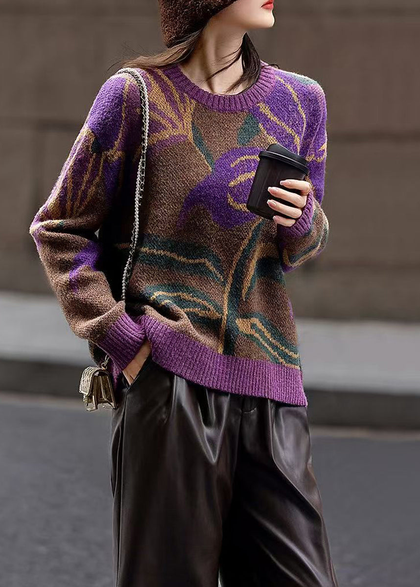 Casual Coffee O-Neck Jacquard Knit Sweater Long Sleeve