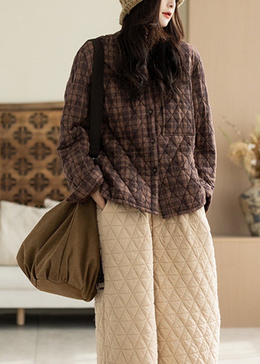 Casual Coffee Plaid O-Neck Quilted Cotton Filled Jackets Winter