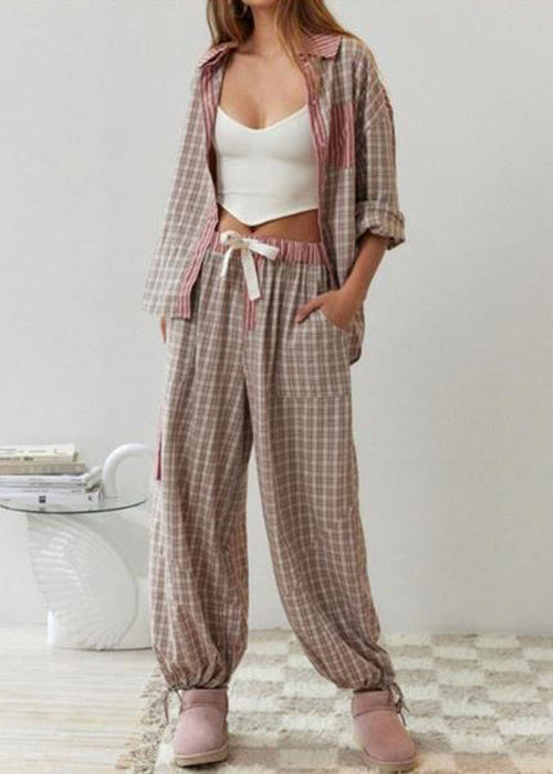 Casual Coffee Plaid Patchwork Cotton Pajamas Two Piece Suit Set Spring