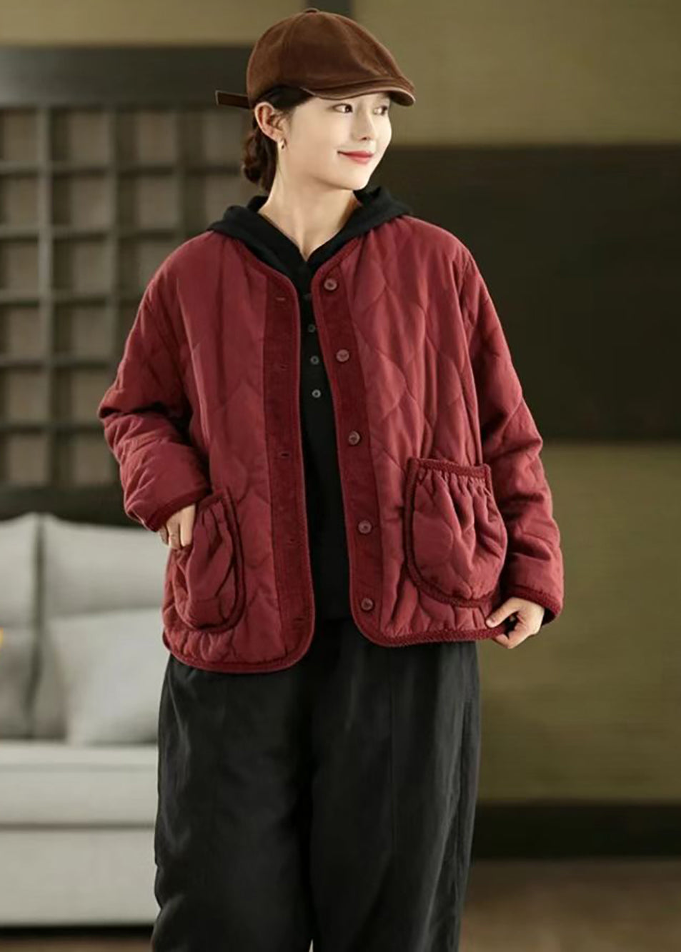 Casual Coffee Pockets Corduroy Patchwork Cotton Filled Jacket Winter