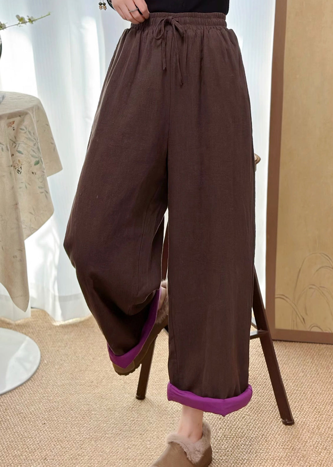 Casual Coffee Pockets Elastic Waist Fine Cotton Filled Pants Winter