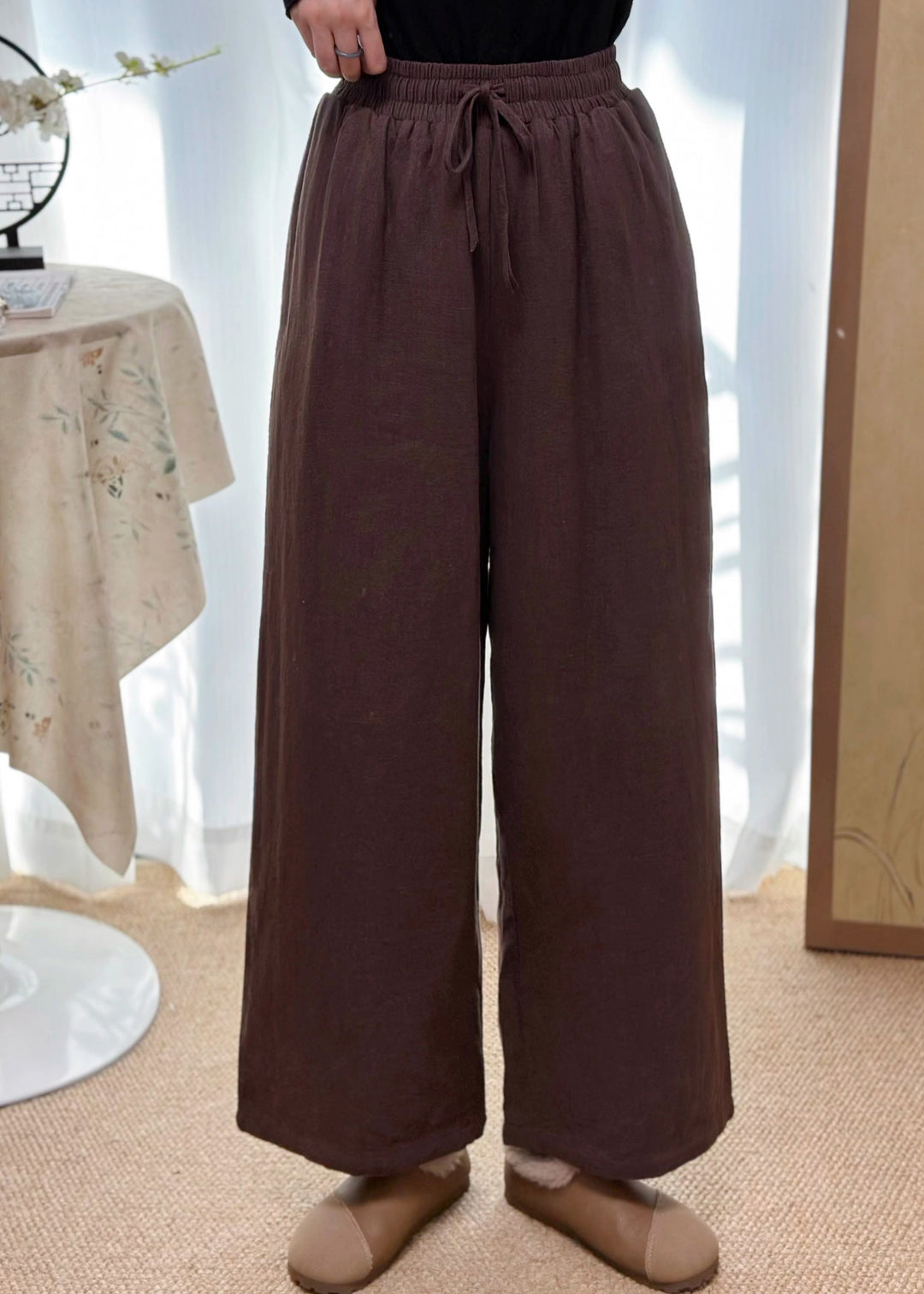 Casual Coffee Pockets Elastic Waist Fine Cotton Filled Pants Winter