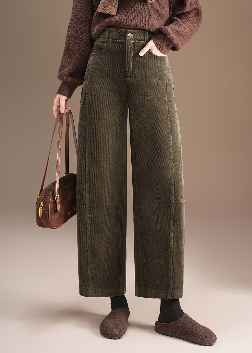 Casual Coffee Pockets High Waist Corduroy Straight Leg Pants Fall