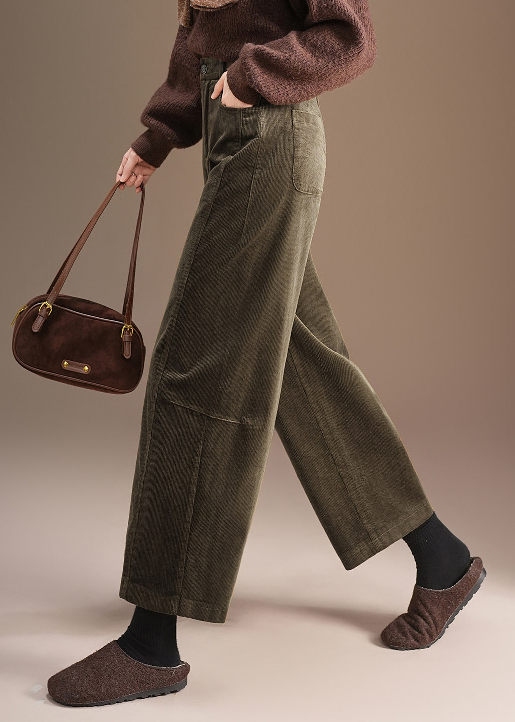 Casual Coffee Pockets High Waist Corduroy Straight Leg Pants Fall