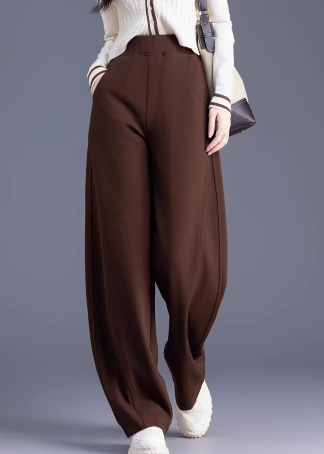 Casual Coffee Pockets Solid Elastic Waist Warm Fleece Pants