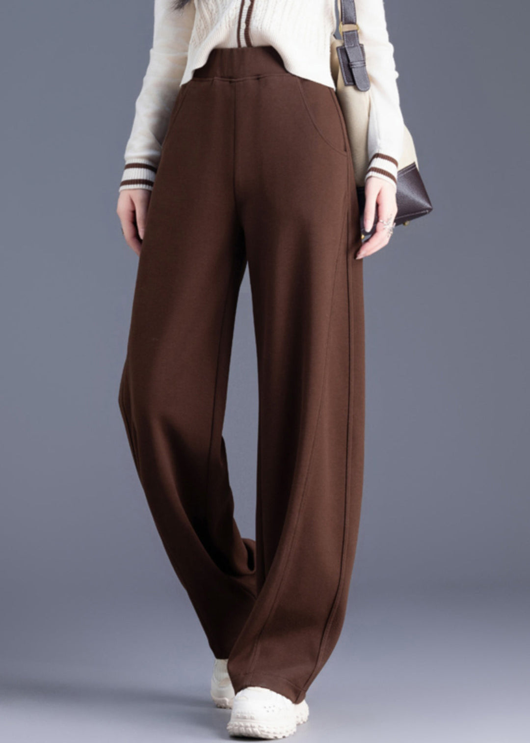 Casual Coffee Pockets Solid Elastic Waist Warm Fleece Pants