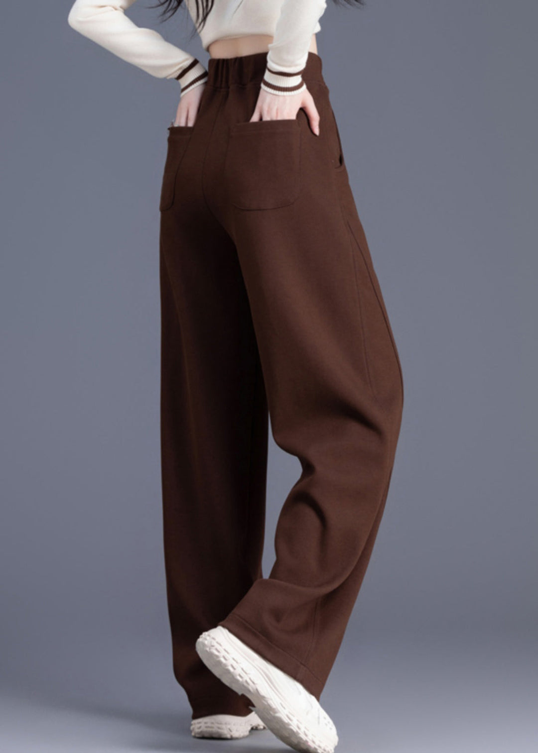 Casual Coffee Pockets Solid Elastic Waist Warm Fleece Pants
