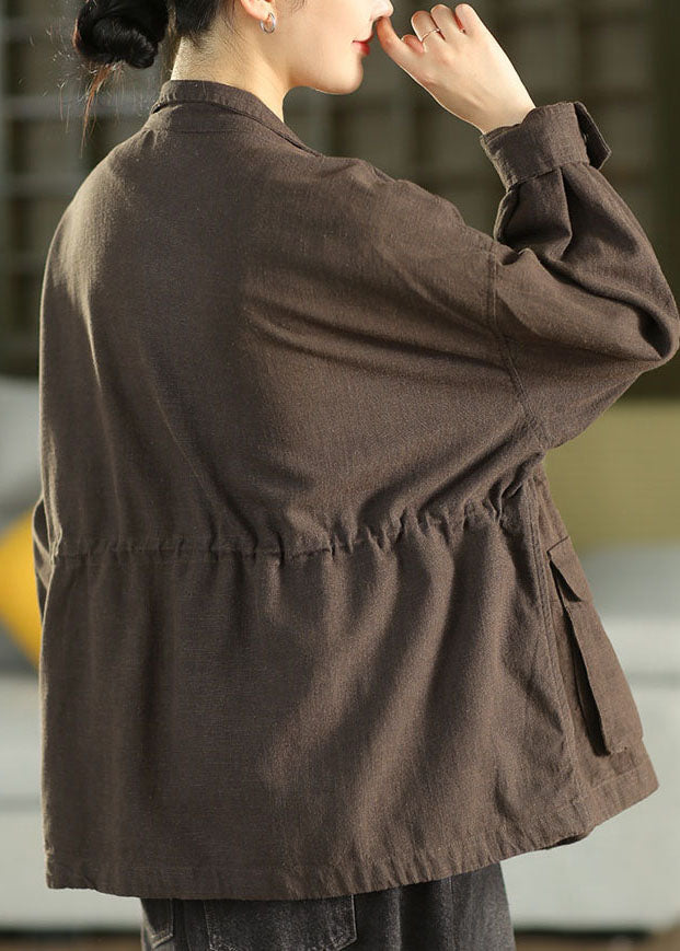 Casual Coffee Stand Collar Patchwork Coat Long Sleeve