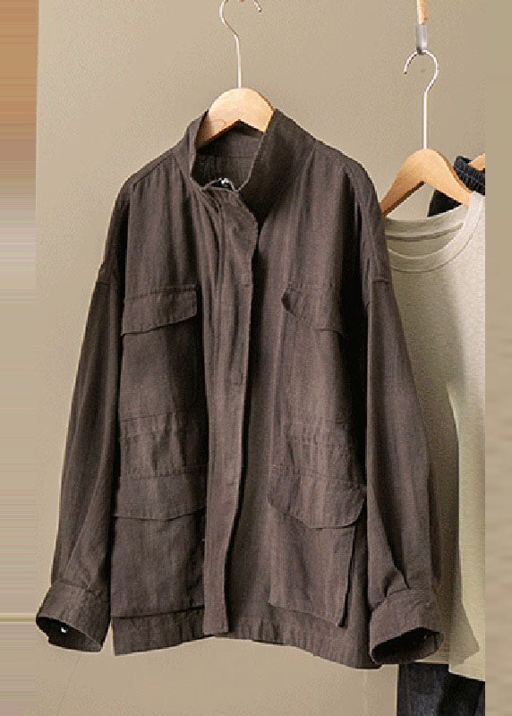 Casual Coffee Stand Collar Patchwork Coat Long Sleeve