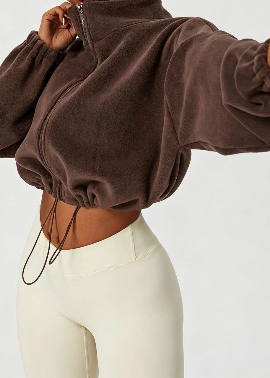 Casual Coffee Stand Collar Zippered Drawstring Fleece Jackets Fall