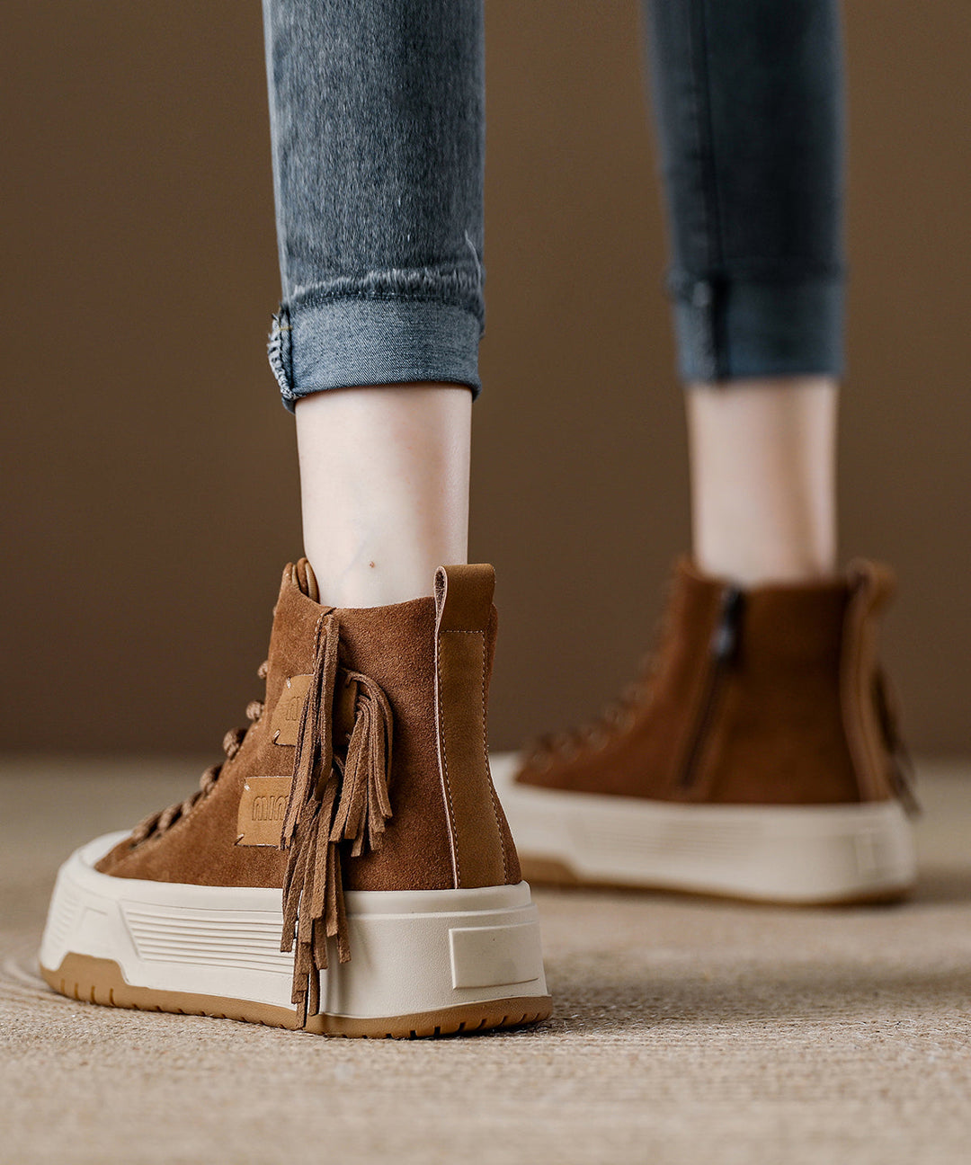 Casual Coffee Tassel Lace Up Splicing Suede Boots