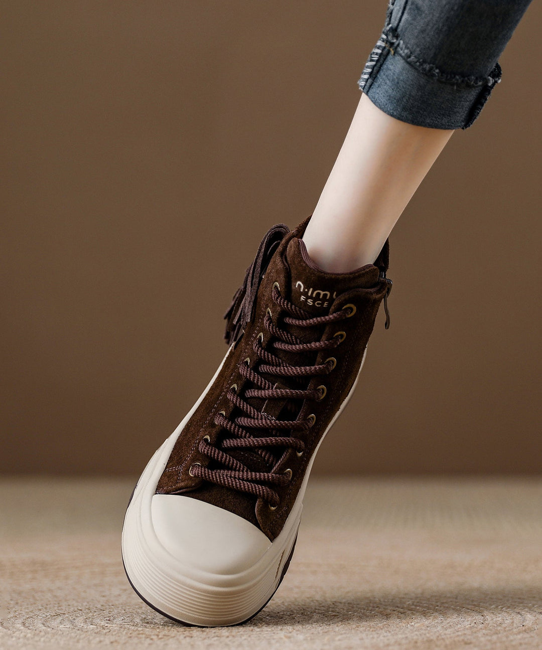 Casual Coffee Tassel Lace Up Splicing Suede Boots