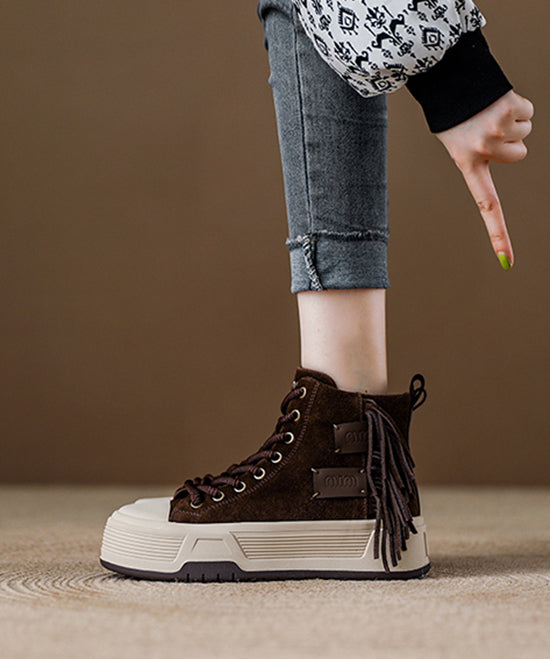 Casual Coffee Tassel Lace Up Splicing Suede Boots