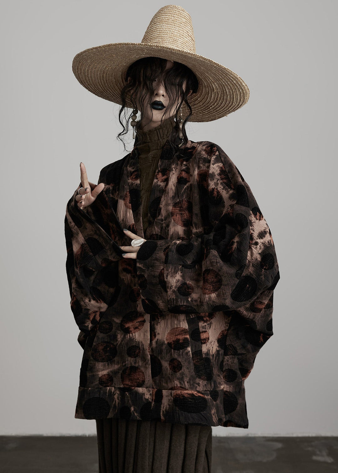 Casual Coffee V Neck Button Tie Dye Cotton Coats Fall