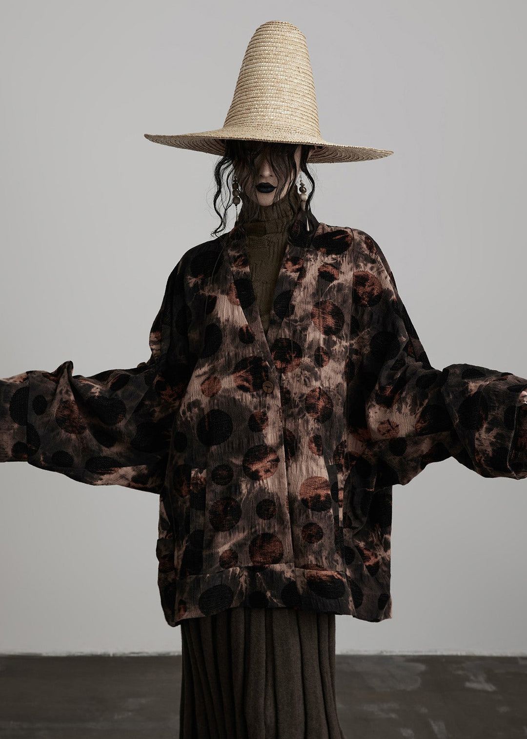 Casual Coffee V Neck Button Tie Dye Cotton Coats Fall