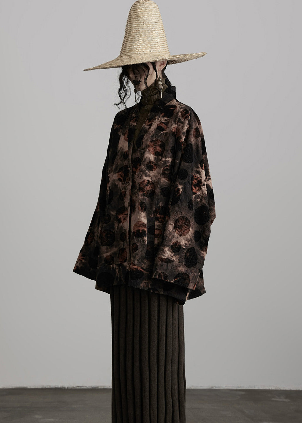 Casual Coffee V Neck Button Tie Dye Cotton Coats Fall