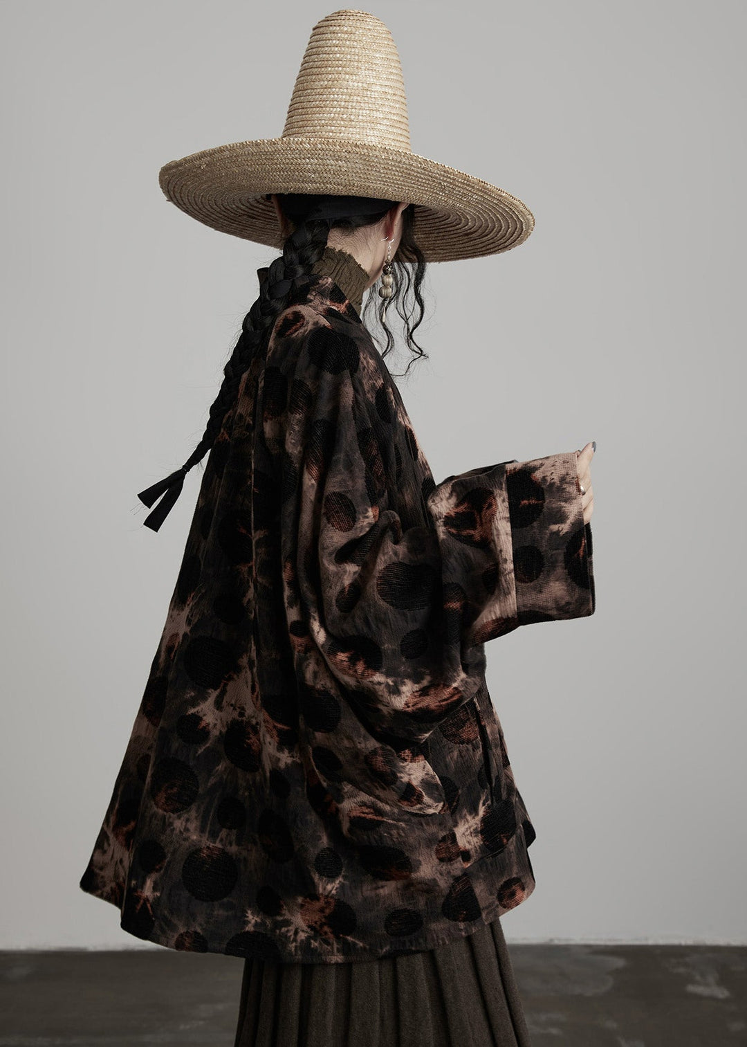 Casual Coffee V Neck Button Tie Dye Cotton Coats Fall