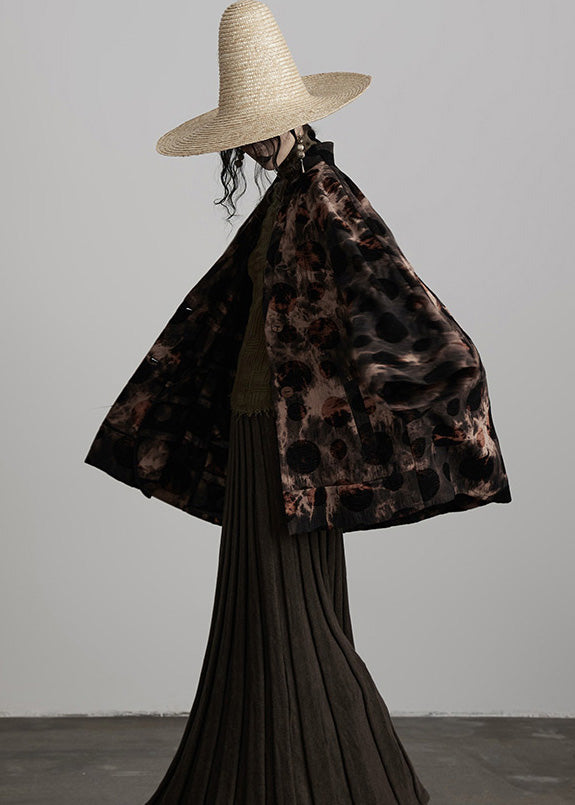 Casual Coffee V Neck Button Tie Dye Cotton Coats Fall