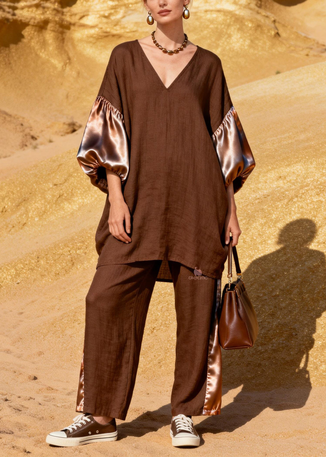 Casual Coffee V Neck Patchwork Linen Silk Two Pieces Set Spring