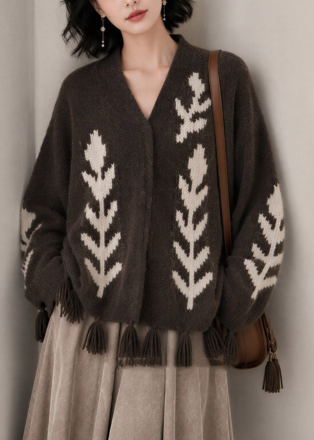 Casual Coffee V Neck Print Tassel Cotton Knitted Cardigans Fall