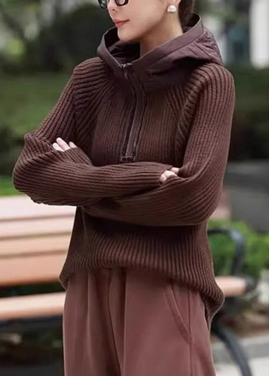Casual Coffee Zippered Patchwork Hooded Knit Pullover Long Sleeve