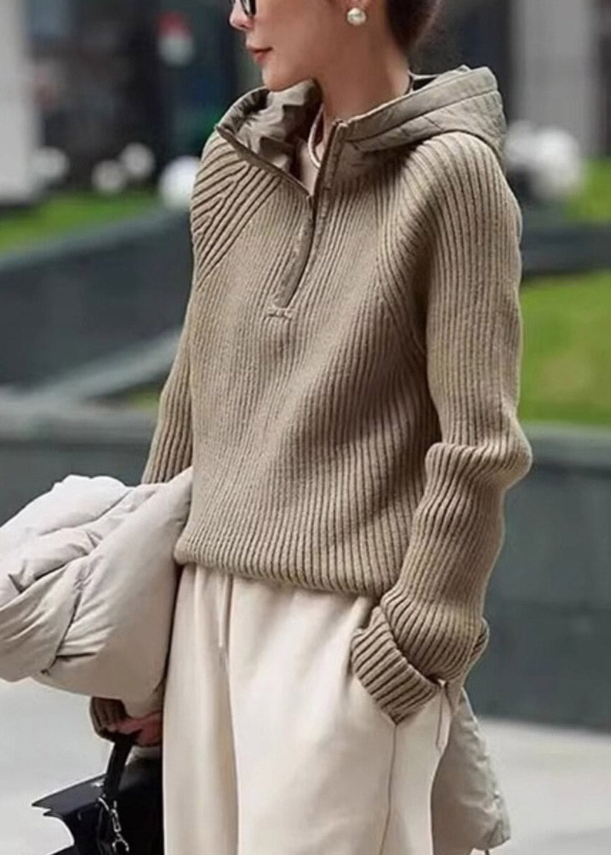 Casual Coffee Zippered Patchwork Hooded Knit Pullover Long Sleeve