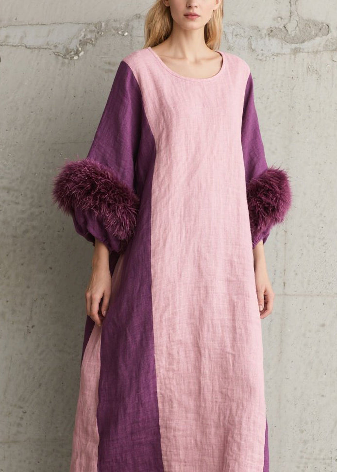 Casual Colorblock Fuzzy Fur Patchwork Cotton Dresses Fall