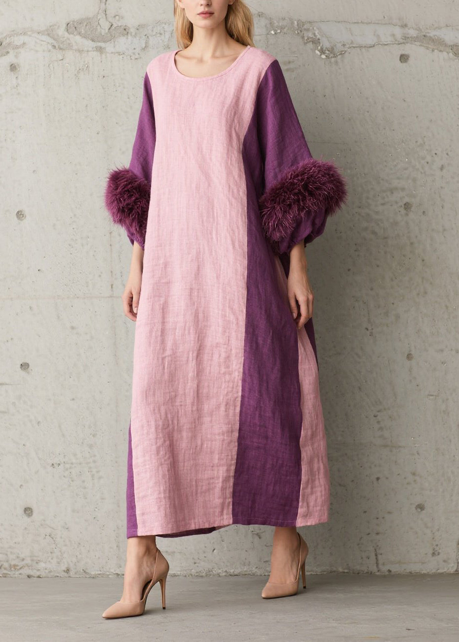 Casual Colorblock Fuzzy Fur Patchwork Cotton Dresses Fall