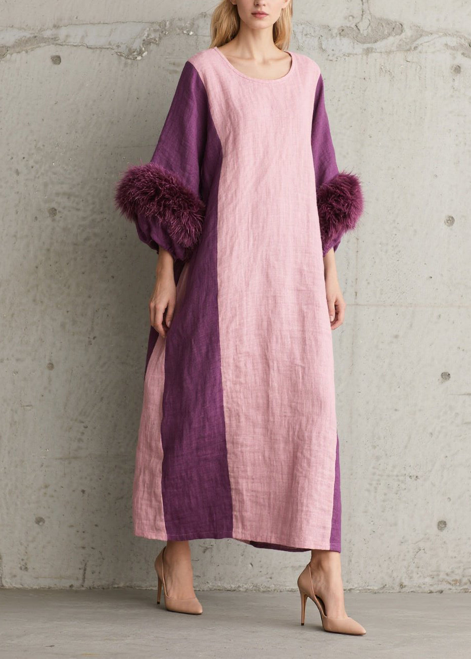 Casual Colorblock Fuzzy Fur Patchwork Cotton Dresses Fall