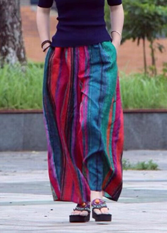 Casual Colorblock Pockets Striped Cotton Wide Leg Pants Summer