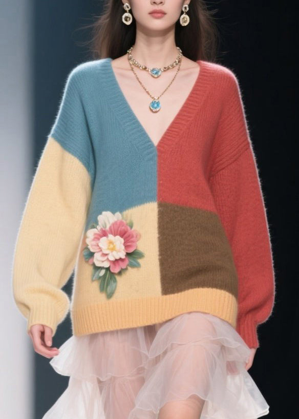 Casual Colorblock V Neck Floral Knit Sweater Dress Fall