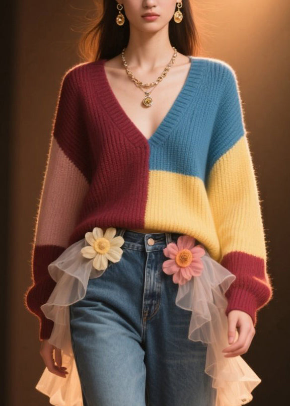 Casual Colorblock V Neck Loose Knit Sweater Fall