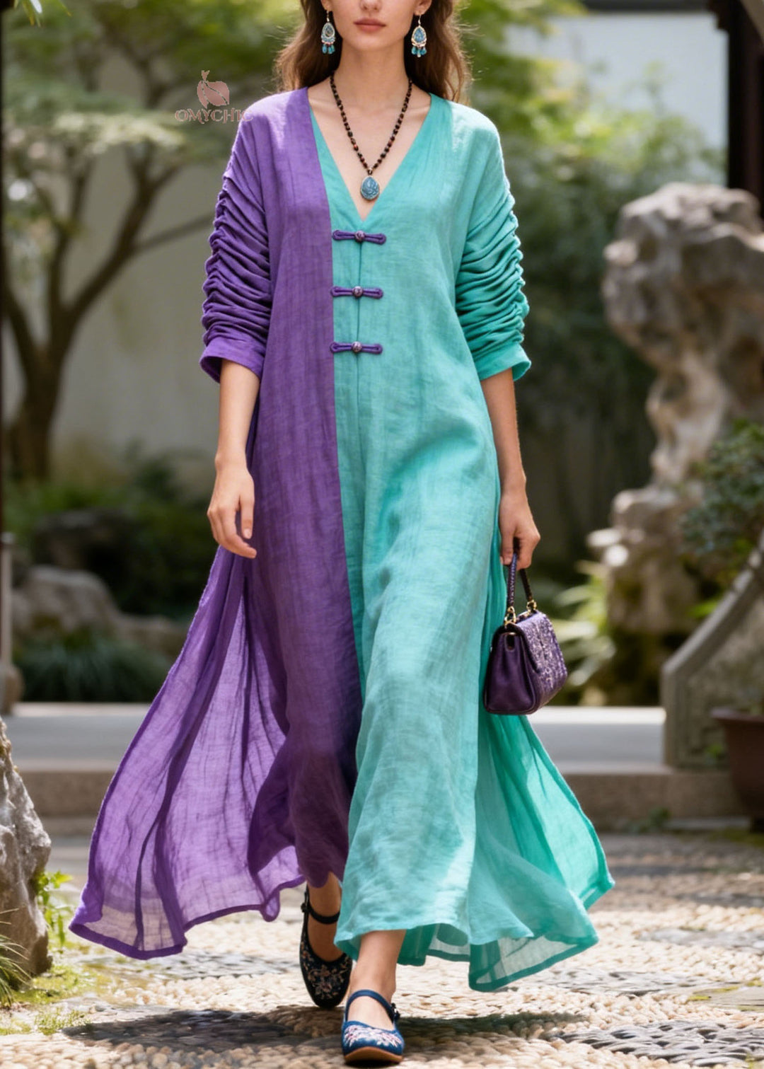 Casual Colorblock V Neck Patchwork Cotton Dresses Summer