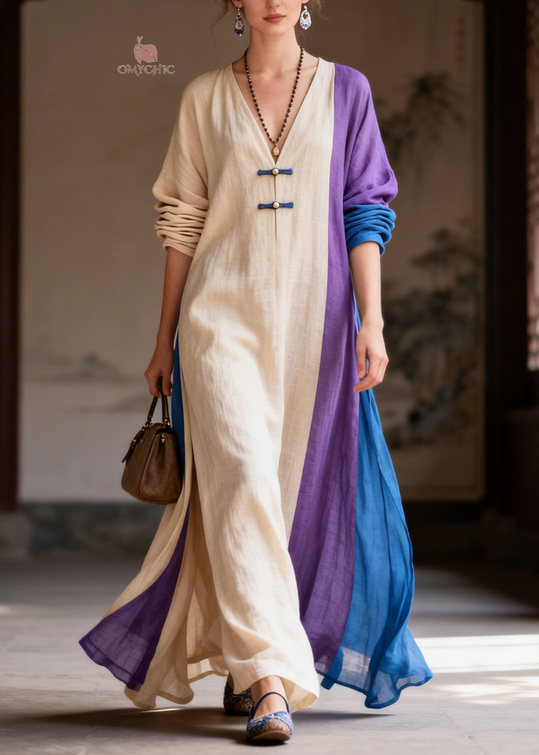 Casual Colorblock V Neck Patchwork Cotton Long Dress Summer