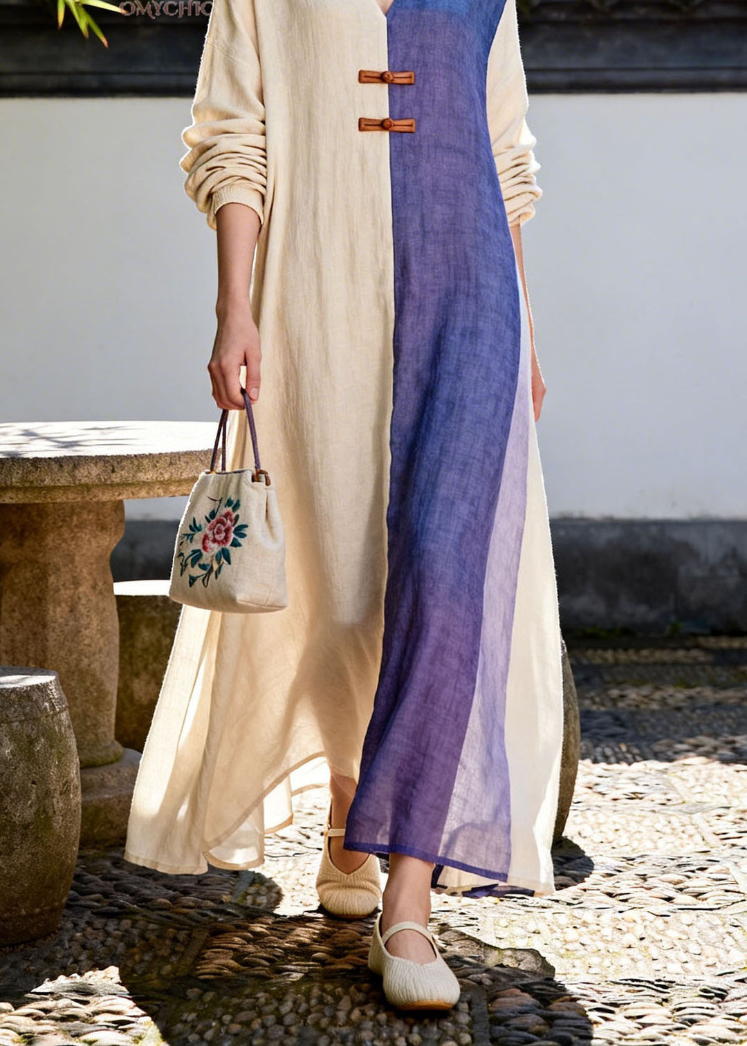 Casual Colorblock V Neck Patchwork Cotton Long Dress