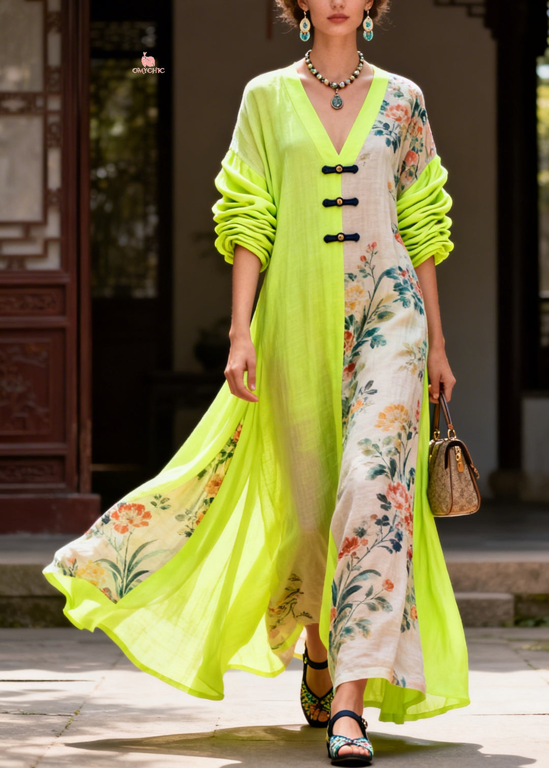 Casual Colorblock V Neck Print Maxi Dresses Fall