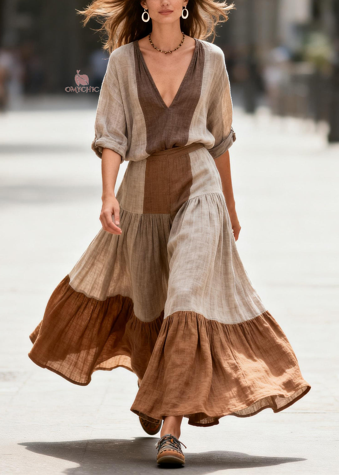 Casual Colorblock V Neck Wrinkled Patchwork Cotton Two Pieces Set Summer