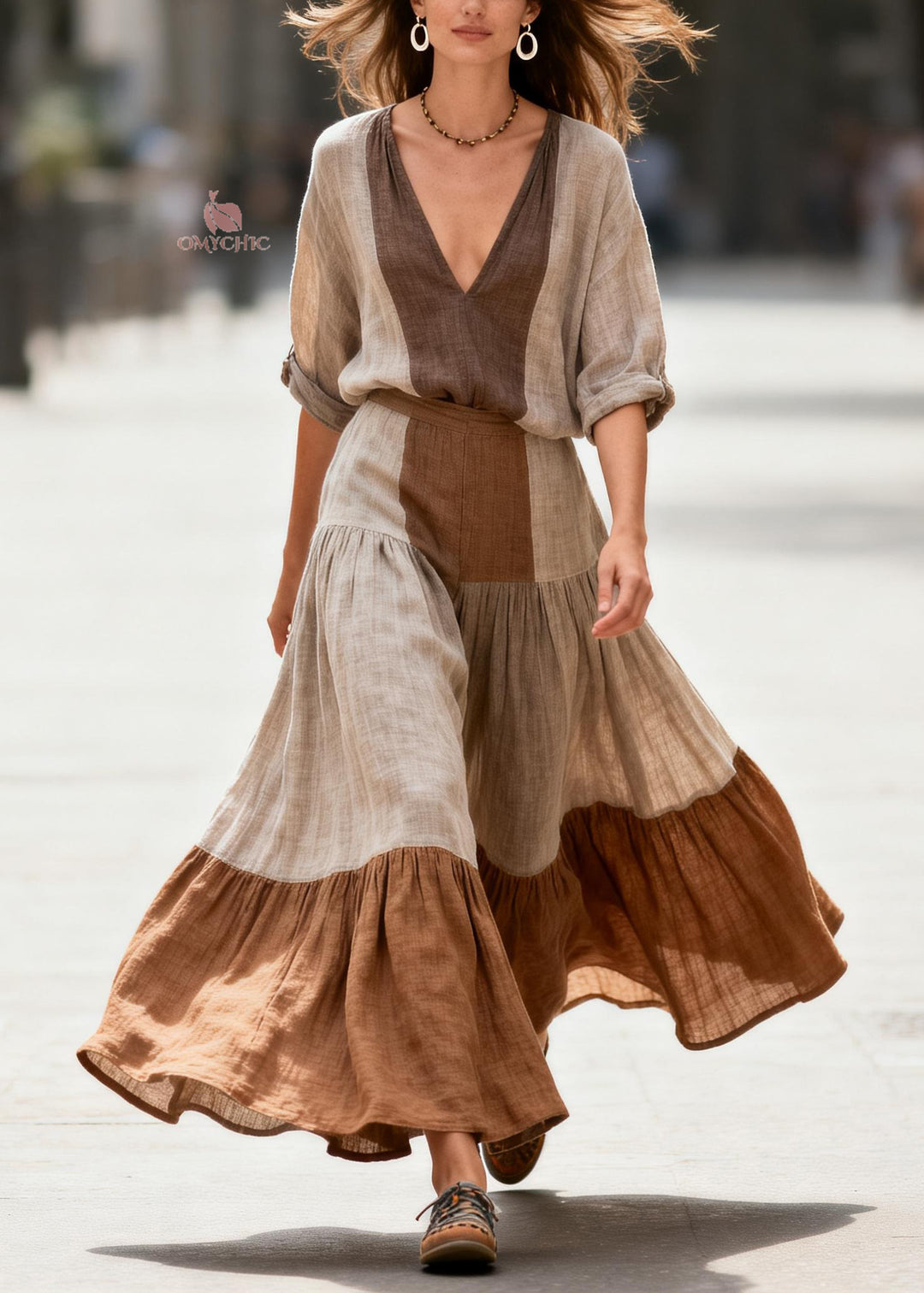 Casual Colorblock V Neck Wrinkled Patchwork Cotton Two Pieces Set Summer