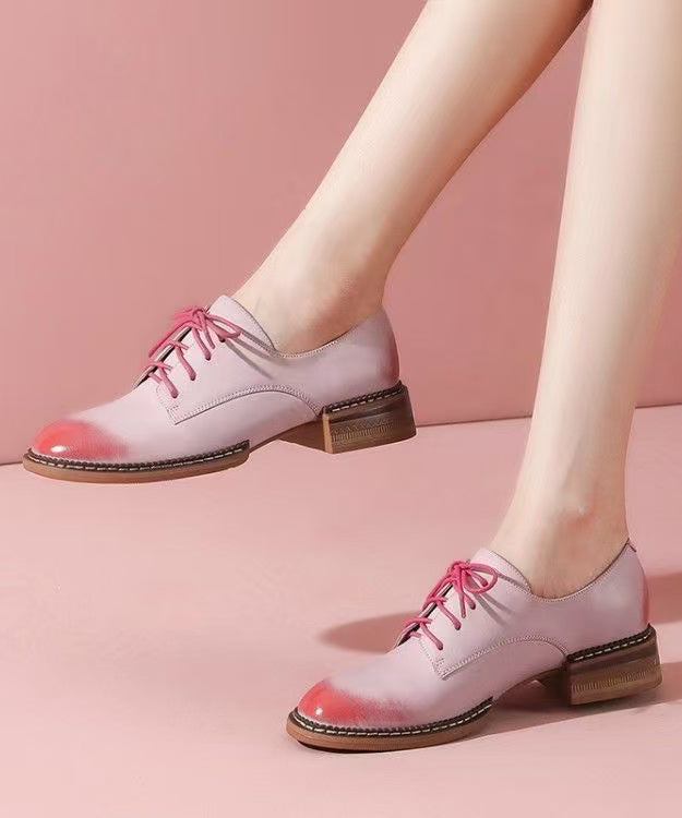 Casual Comfortable Pink Lace Up Chunky Cowhide Leather