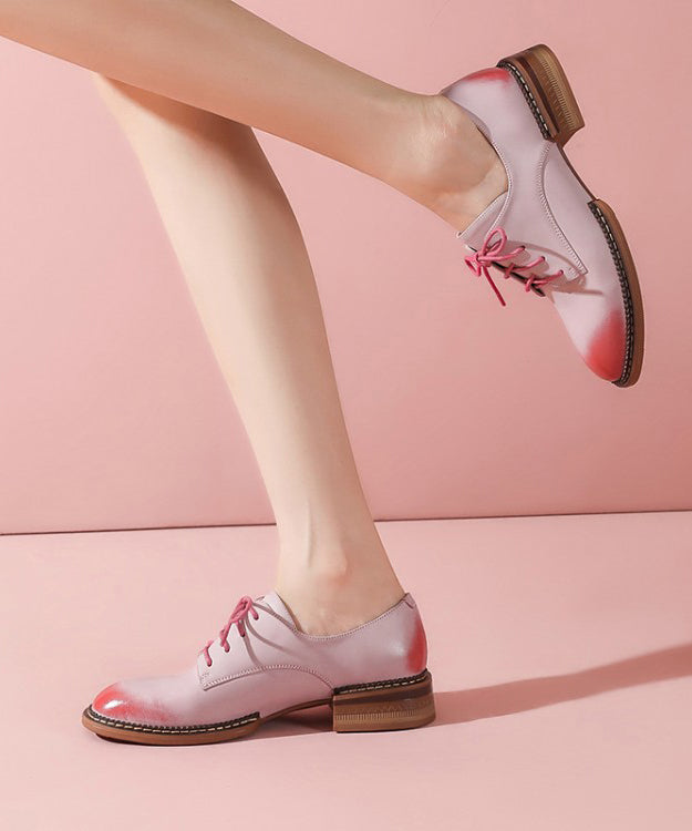 Casual Comfortable Pink Lace Up Chunky Cowhide Leather