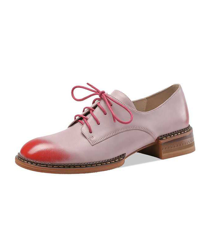Casual Comfortable Pink Lace Up Chunky Cowhide Leather