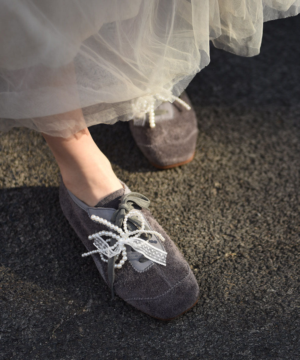 Casual Cowhide Leather Flats Grey Bow Lace Up Flat Shoes For Women