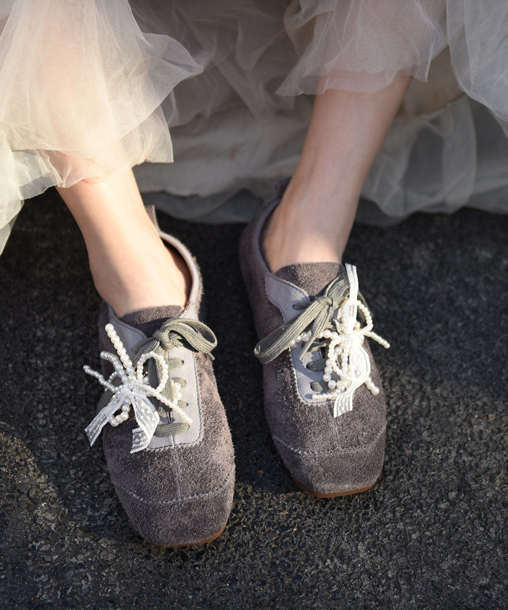 Casual Cowhide Leather Flats Grey Bow Lace Up Flat Shoes For Women